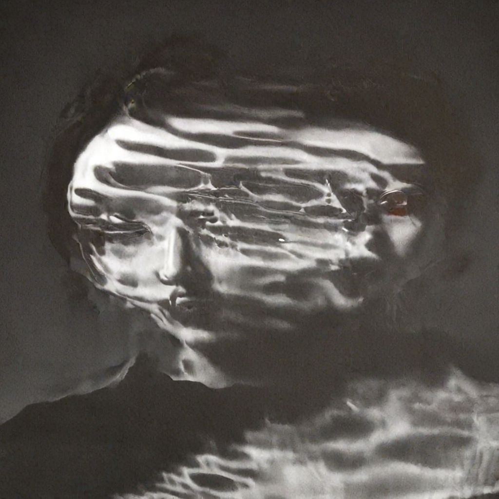 A close-up left facing profile portrait, a beautiful brunette woman made of glass, colorful light from hoph fibration bundles dramatically distorting her features
