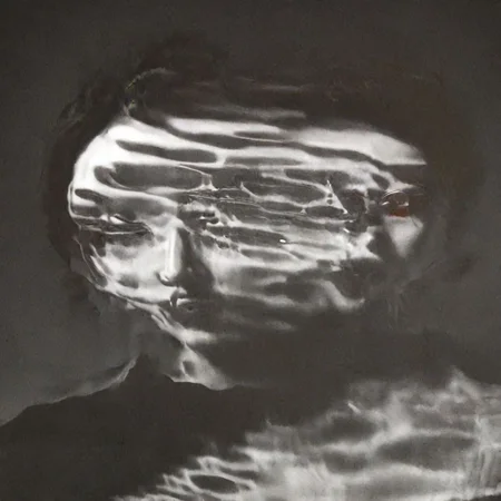 A close-up left facing profile portrait, a beautiful brunette woman made of glass, colorful light from hoph fibration bundles dramatically distorting her features