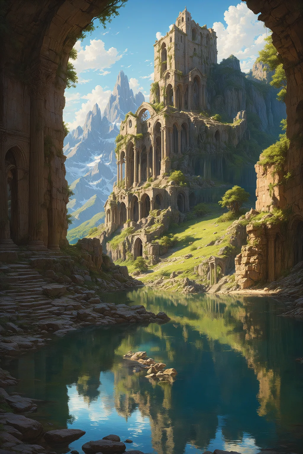 a painting of a ruins of an ancient church on a mountain side by a lake with a reflection of it in the water, Christophe Vacher, a detailed matte painting, fantasy art, cinematic backlighting, magical deep shadows, ultra-realism