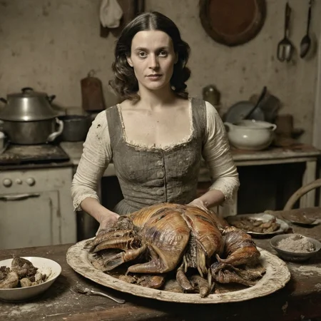 daguerreotype portrait of circa 1850 woman, setting a platter of roasted alien turkey and trilobites on a dirty dining table, in old kitchen, wearing a cotton revealing sexy dirty old ripped dress made of cotton, detailed face, intricate detail, looking directly at the viewer