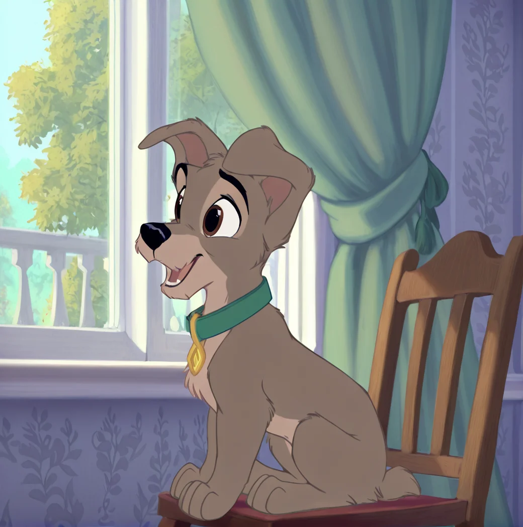 (masterpiece), (best quality), (ultra-detailed), amazing quality, very aesthetic, perfect composition,  absurdres, incredibly absurdres,  <lora:scamp_illustrious:1>, scampdog, solo, open mouth, brown eyes, sitting, day, indoors, collar, from side, no humans, window, chair, curtains, animal focus, two tone fur, dog, body fur, grey fur