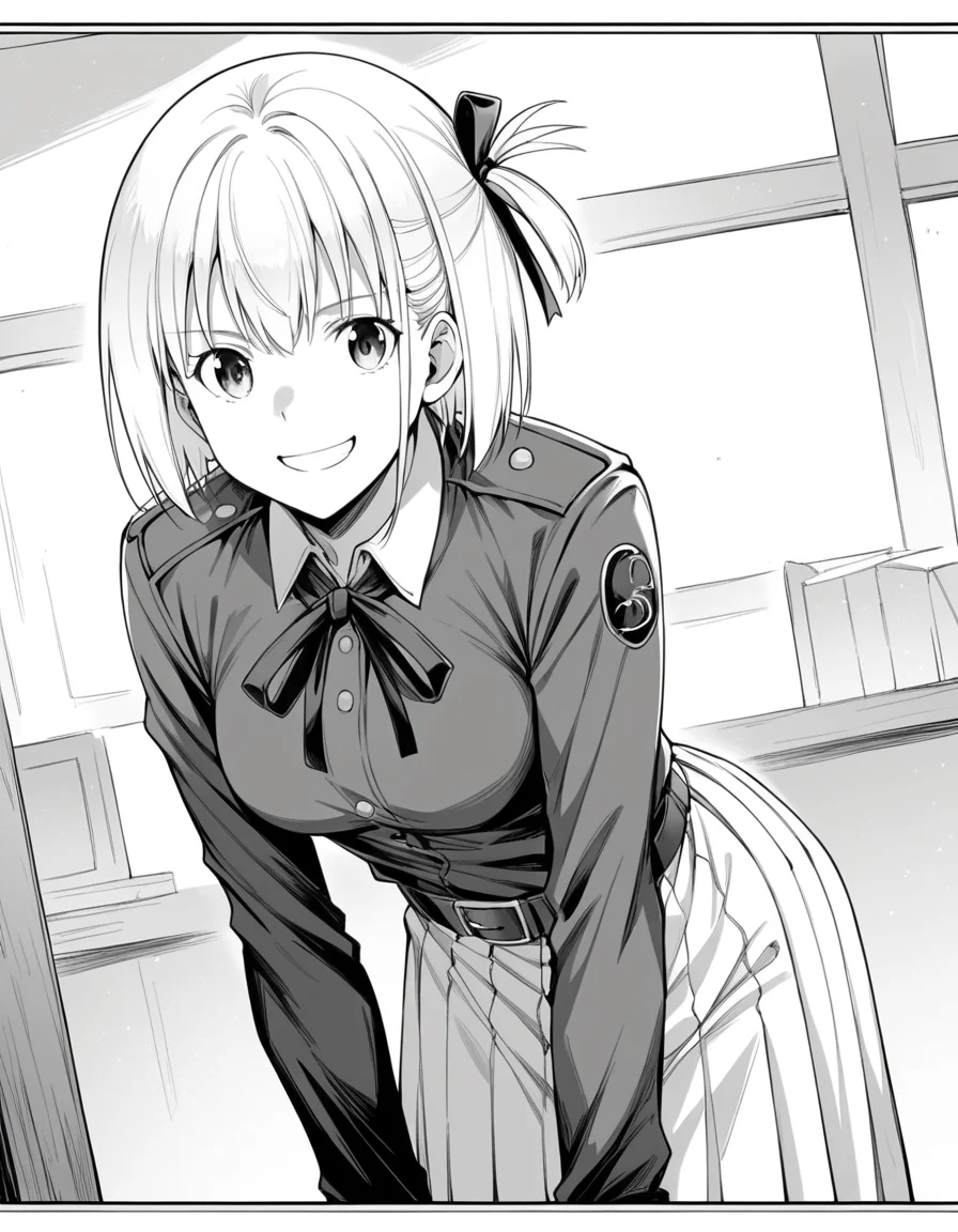 score_9, score_8_up, score_7_up, source_anime, <lora:chisato-nishikigi-chickeiii-manga-ponyxl-lora-nochekaiser:1>, chisato nishikigi, short hair, bangs, hair ribbon, one side up, bob cut, greyscale, monochrome,, shirt, long sleeves, dress, ribbon, white shirt, collared shirt, belt, neck ribbon, pleated dress, two-tone dress, lycoris uniform,, indoors, bent over, smile, looking at viewer, solo,, cowboy shot, dutch angle