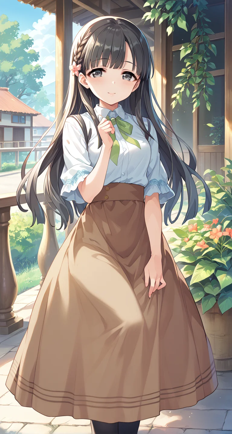 score_9,score_8_up,score_7_up,
official art,official style,game cg,megami magazine,
uncensored,
1girl,
kbykwse aikurushii,kobayakawa sae,bangs,dress,chestnut brown skirt,brown skirt,long skirt,
eyebrows visible through hair,
flower,grey eyes,black hair,hair flower,hair ornament,long hair,
blush,highres,black thighhighs,braid,
<lora:idolmaster_kobayakawa_sae_pony_v1:1>,