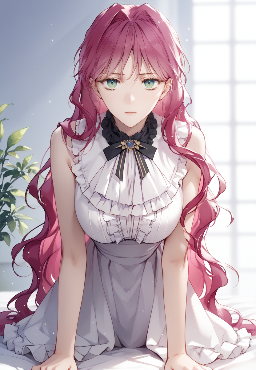 zPDXL3, score_9_up, score_8_up, score_7_up, (Anime_source),Masterpiece,(perfect female body:1.2), small waist,(incredibly detailed:1.4), slim, beautiful fingers, beautiful white skin, Beautiful clear skin, (large breasts:1.4)  thighs, looking at viewer, big breasts, ass, perfect ass, <lora:Penelope_Eckhart_-_Death_Is_the_Only_Ending_for_the_Villainess-Kaleid-PONY:0.8> penelopeeckhart, 1girl, pink hair, green eyes, (leaning forward:1.4) (spread legs:1.3), sleeveless dress, frills, dress, doggystyle, all fours, closed mouth, expressionless,