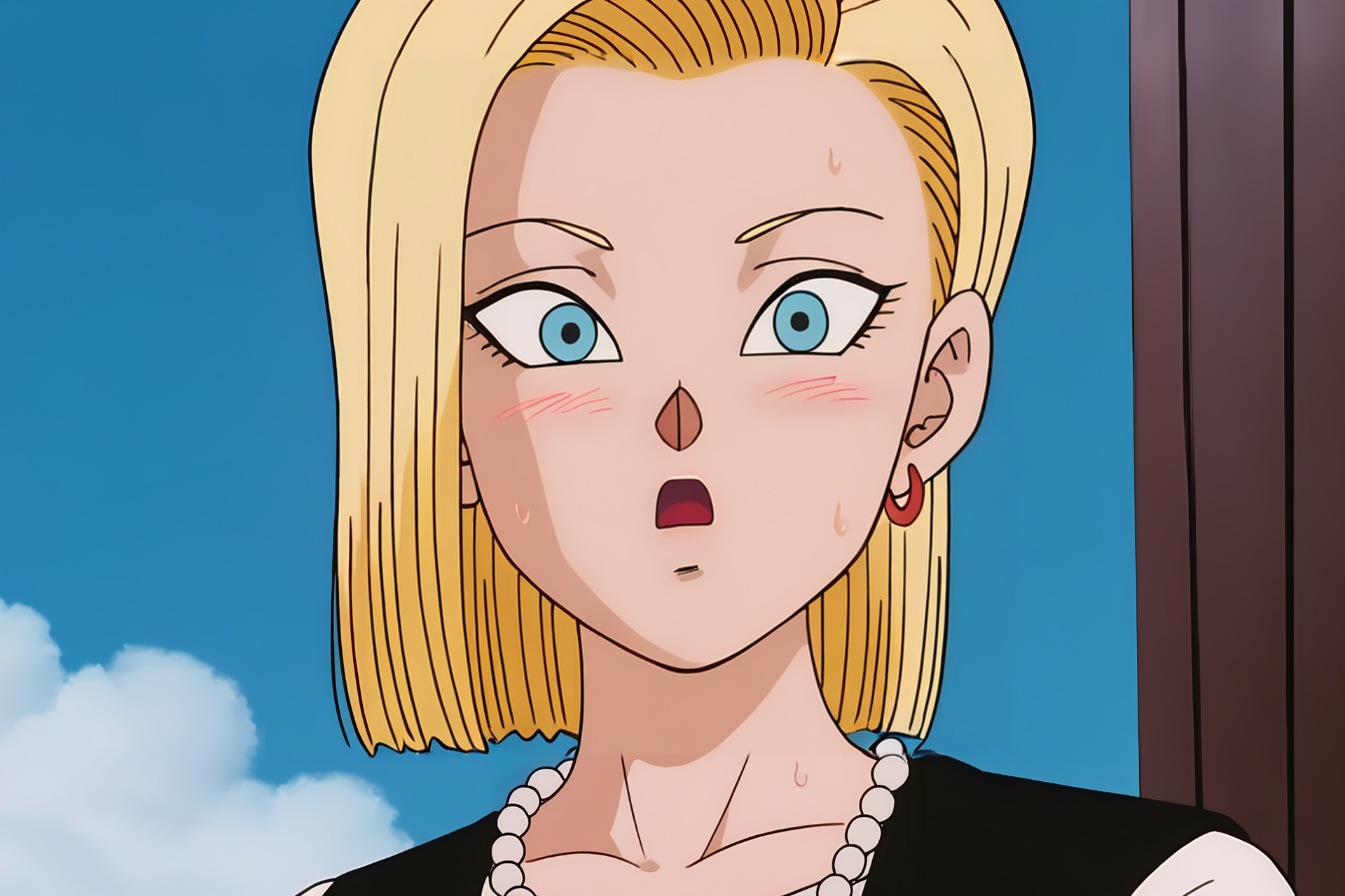 source_anime, score_9, score_8_up, score_7_up, anime screencap, high quality, 
android 18, cell saga, 1990s \(style\), official style, 1girl, solo, blush, short hair, open mouth, blue eyes, blonde hair, smoke, scared, sweat, necklace, worried, close-up, forehead, pearl necklace, black vest, portrait, looking at another
 <lora:c18_pony:0.8>