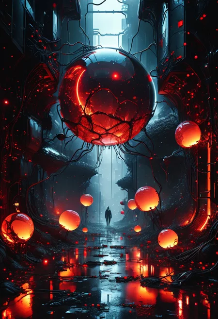 digital, masterpiece, EdobHorrorLandscape, brutalism, 8k wallpaper. crystal clear, perfect details, (detailed art), absurdres,
surface of alien planet, earie, dark, ground covered in wires, covered in wires, huge alien sphere, (portal), in the middle, (huge hand reaching out), horror, red glow, (red beam).
moody lights, atmospheric, zoom in,
