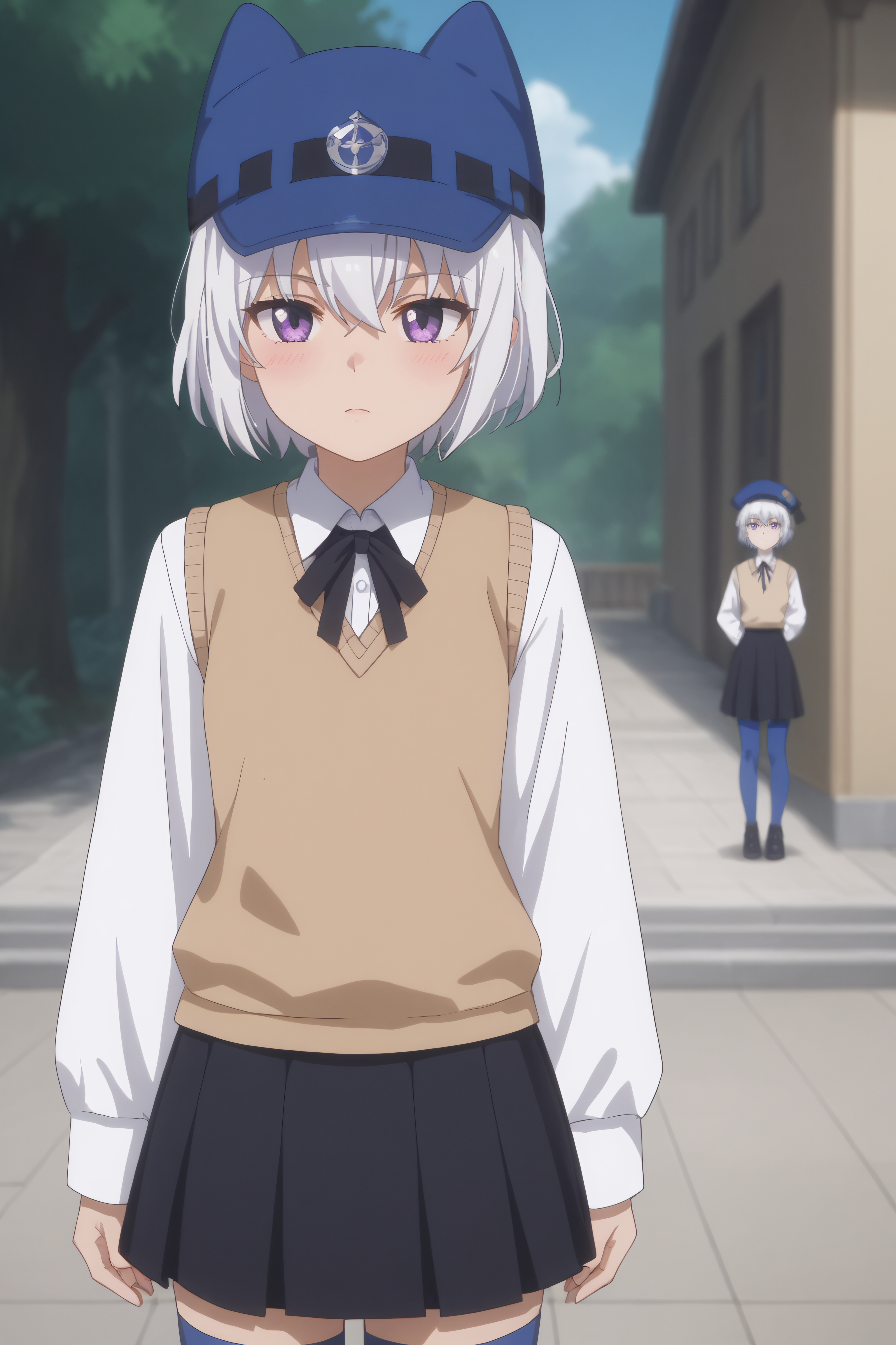 score_9, score_8_up, score_7_up, source_anime, <lora:Athena-PonyXL-lora-Faxtron:0.8> athena, purple eyes, white hair, short hair, hat with ears, beige sweater vest, white shirt, black neck ribbon, long sleeves, black skirt, blue thighhighs, standing, anime screencap,
