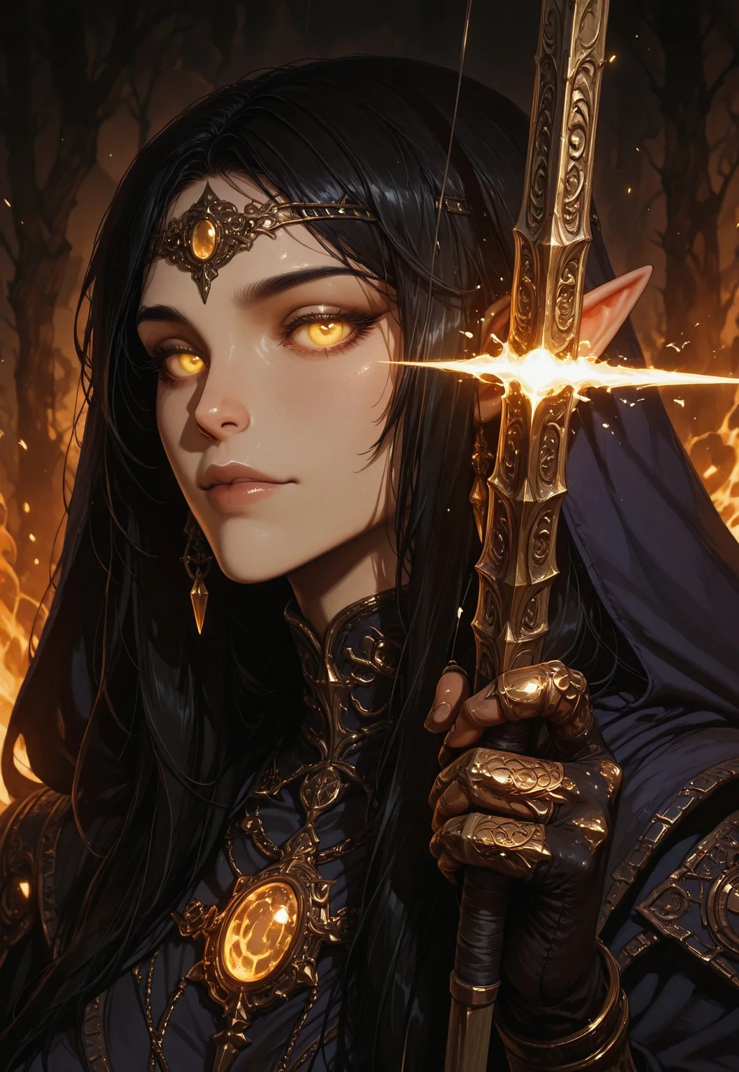 Unfazedfantasii
A mystical woman with a serene expression,
epic fantasy movie still, closeup portrait, photograph, archery, a beautiful elf woman aiming a bow and arrow, the bow weapon is glowing with gold magic and glowing runes, dark cave background, cinematic realism, high action pose, perfect pupils, insanely detailed faces, correct digits, realistic skin, intricately detailed, dimly lit, perfect eyes, perfect pupils, expressive eyes, texture,
There are floating golden embers and fire sparks adding to the magical atmosphere. The art style is highly detailed, cinematic, and fantasy-inspired, with a focus on dramatic lighting, soft glows, and a slightly dark, mystical mood.