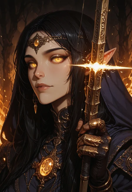 Unfazedfantasii
A mystical woman with a serene expression,
epic fantasy movie still, closeup portrait, photograph, archery, a beautiful elf woman aiming a bow and arrow, the bow weapon is glowing with gold magic and glowing runes, dark cave background, cinematic realism, high action pose, perfect pupils, insanely detailed faces, correct digits, realistic skin, intricately detailed, dimly lit, perfect eyes, perfect pupils, expressive eyes, texture,
There are floating golden embers and fire sparks adding to the magical atmosphere. The art style is highly detailed, cinematic, and fantasy-inspired, with a focus on dramatic lighting, soft glows, and a slightly dark, mystical mood.