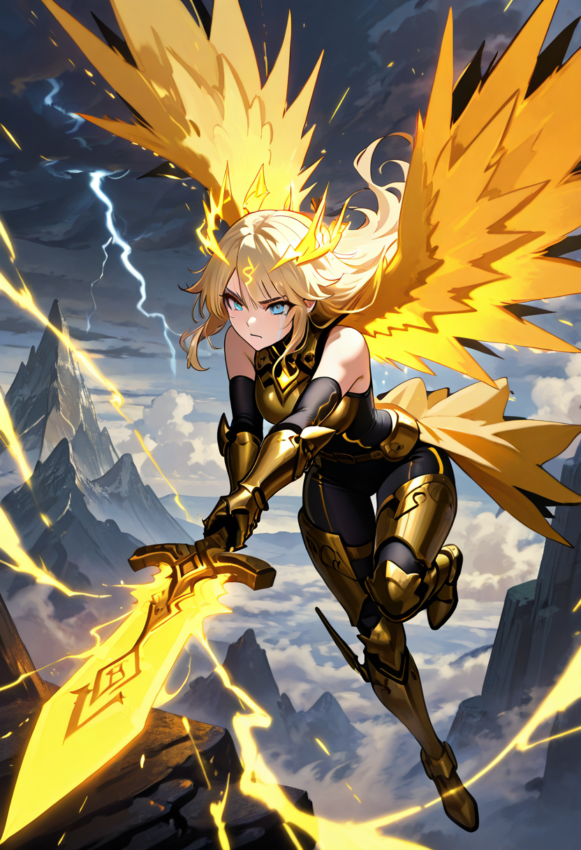 masterpiece, best quality, 1girl, solo,     zzZapdos, (detailed face, dynamic pose, foreshortening, sword focus),  sleeveless bodysuit, armored thigh guards, flowing yellow cape, electric runic gloves, lightning crown, mountain pass, storm clouds, magic sword, battle-ready stance, cinematic lighting â She grips the hilt of a crackling blade, its edge humming with electric energy as storm clouds swirl above the narrow mountain pass. Her sleeveless bodysuit is reinforced with armored thigh guards that shimmer like charged steel. A flowing yellow cape whips behind her, trailing arcs of lightning from the jagged crown atop her head. Electric runes pulse down her gloves as she lowers the sword, its point sparking against the stone. Wind tears through the peaks, but she stands unshaken, a living conduit of skyborne wrath.  ,,<lora:ZapdosPokedex_IXL_v1:0.8>,