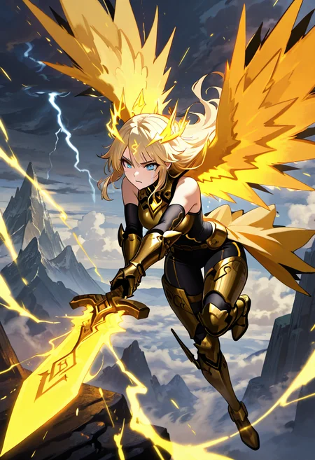 masterpiece, best quality, 1girl, solo,     zzZapdos, (detailed face, dynamic pose, foreshortening, sword focus),  sleeveless bodysuit, armored thigh guards, flowing yellow cape, electric runic gloves, lightning crown, mountain pass, storm clouds, magic sword, battle-ready stance, cinematic lighting â She grips the hilt of a crackling blade, its edge humming with electric energy as storm clouds swirl above the narrow mountain pass. Her sleeveless bodysuit is reinforced with armored thigh guards that shimmer like charged steel. A flowing yellow cape whips behind her, trailing arcs of lightning from the jagged crown atop her head. Electric runes pulse down her gloves as she lowers the sword, its point sparking against the stone. Wind tears through the peaks, but she stands unshaken, a living conduit of skyborne wrath.  ,,<lora:ZapdosPokedex_IXL_v1:0.8>,