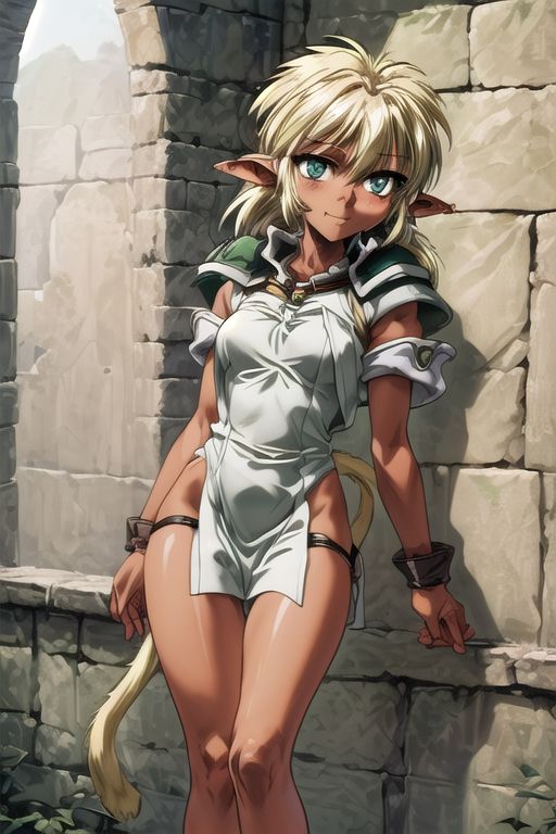 best quality, ultra-detailed, (1girl, solo,fam, blonde hair, (green eyes:1.5), pointy ears, Small breasts, dark skin, dark-skinned female, elf, long pointy ears, tail, Brutal smile, Narrow eyes), ng_deepnegative_v1_75t, easynegative
