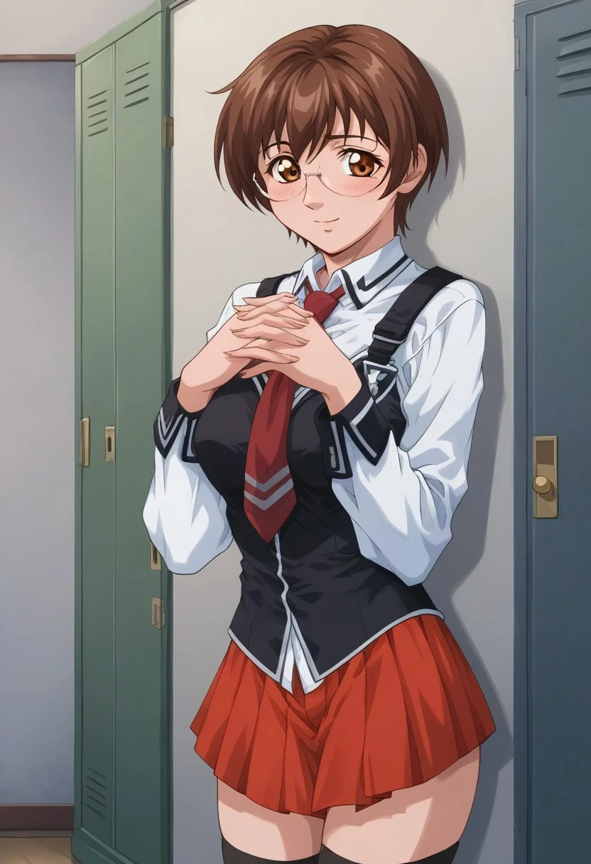 score_9, score_8_up, score_7_up, source_anime, uncensored, <lora:Viper_Risen-000014:1>, v1p3r1seV6, <lora:MiyukiNonogusaXLpony003:0.9>, 1girl, solo, MiyukiNonogusa,1girl,brown hair,short hair,eyewear,brown eyes, medium breasts, curvy, school uniform,white shirt, long sleeve shirt, strap,black vest,red tie, red skirt, black thighhighs, blush, shy smile, looking at viewer, indoors, school, hallway, lockers, hands together, interlocked fingers, against wall,