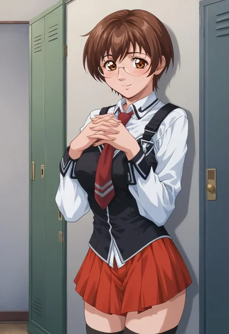 score_9, score_8_up, score_7_up, source_anime, uncensored, <lora:Viper_Risen-000014:1>, v1p3r1seV6, <lora:MiyukiNonogusaXLpony003:0.9>, 1girl, solo, MiyukiNonogusa,1girl,brown hair,short hair,eyewear,brown eyes, medium breasts, curvy, school uniform,white shirt, long sleeve shirt, strap,black vest,red tie, red skirt, black thighhighs, blush, shy smile, looking at viewer, indoors, school, hallway, lockers, hands together, interlocked fingers, against wall,