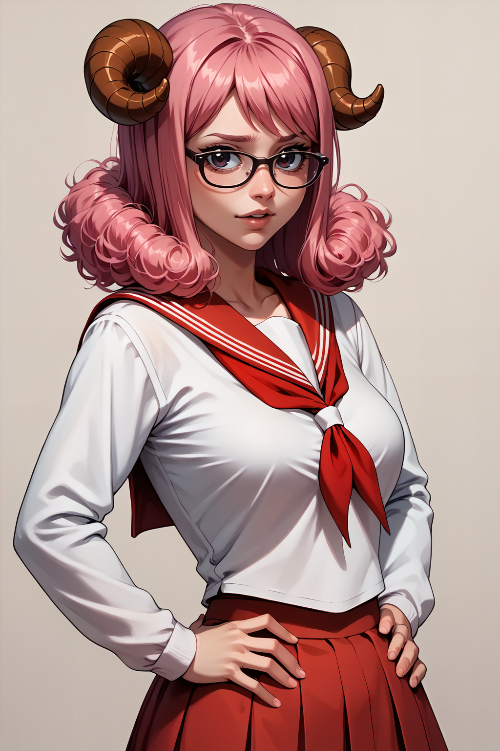 score_9, score_8_up, score_7_up, score_6_up, 1girl, solo BREAK <lora:NSAriesFairyTail:1> NSAriesFaiTai, sheep horns, pink hair, medium hair, hair curls, school uniform, red sailor collar, red skirt, glasses, hands on hips, proud