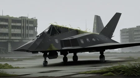 <lora:F-117_Illustrious:1> F-117, abandoned, post-apocalyptic, rusted, overgrown vegetation, dystopian, ruined city, cinematic lighting, realistic textures,masterpiece,best quality,amazing quality