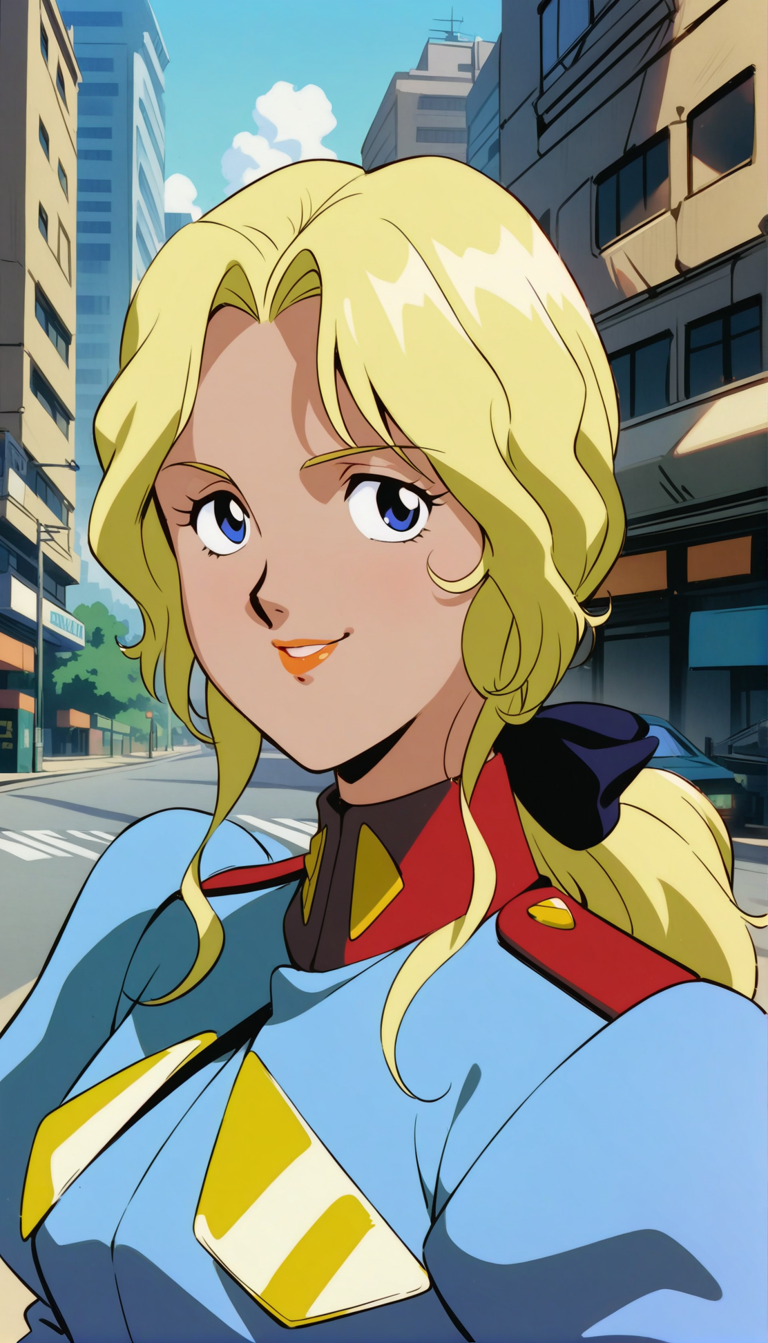 masterpiece,best quality,very aesthetic,absurdres,1990s \(style\),Electra XL,1girl,solo,blonde hair,blue eyes,Yellow eyebrows,uniform,long hair,pony-tail,lipstick,military uniform,military,lips,makeup,hair bow,upper body,Light blue clothes,<lora:Electra XL:0.9>,smile,city,skyline,