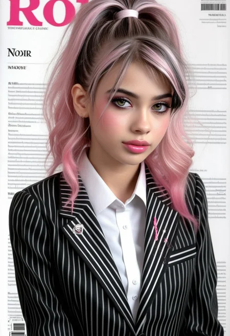 24yo beauty UZ_THIN posing on magazine frontpage, wearing <striped business uniform>