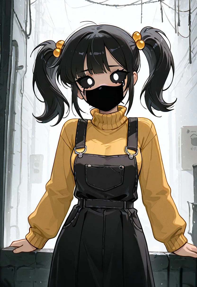 masterpiece, best quality, amazing quality, very aesthetic, absurdres, newest, detailed background, foreground blur, (( cartoon, )),
cassidyfnaf, 1girl, twintails, black hair, hair ornament, long sleeves, yellow sweater, hair bobbles, turtleneck sweater, black overalls dress, medium breasts,
black sclera, black tears, faceless