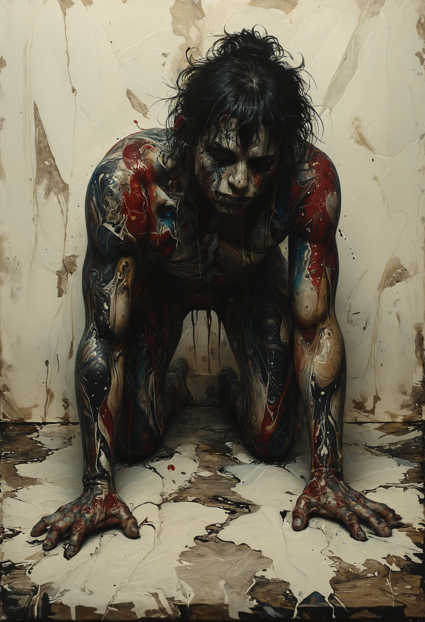 Contorted body crawling on all fours, Back lighting, <lora:Melting_world:0.8>, <lora:Colorful_Marbled_Paper_SDXL:0.8> mad-marbled-paper