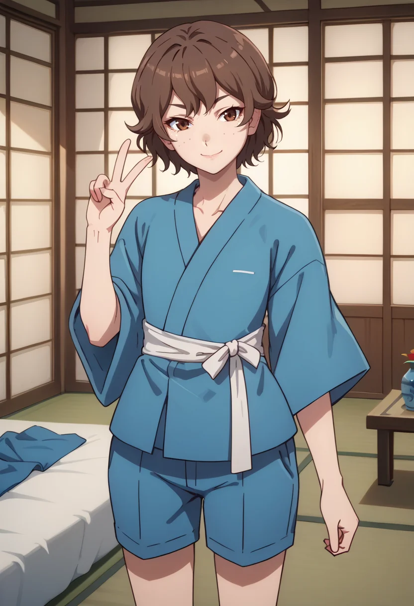 score_9, score_8_up,
1girl, <lora:MitonoShounou_OffSeason_PDXL:0.9>, mitonoshounou, brown hair, brown eyes, freckles,
japanese clothes, sash, blue shorts,
v,
slight smile,
indoors