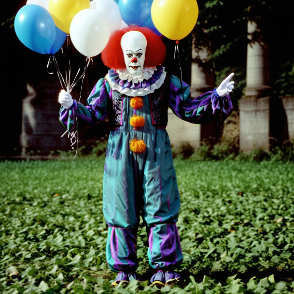 Pennywise1024, a man standing holding ballons, full body,detailed eyes, highly detailed, photography, ultra sharp, film, bokeh, professional, 4k  <lora:add-detail-xl:1.5> <lora:Pennywise1024-000420:0.8>