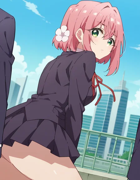 score_9, score_8_up, score_7_up, source_anime,
hakarihanazono, <lora:hakari-hanazono-s1-ponyxl-lora-nochekaiser:1>,
hakari hanazono, short hair, hair ornament, green eyes, pink hair, flower, hair flower, hair between eyes, sidelocks,
skirt, shirt, ribbon, school uniform, blazer, white shirt, pleated skirt, collared shirt, black skirt, red ribbon, neck ribbon,
outdoors, cityscape, bent over,
looking at viewer, dutch angle, cowboy shot,