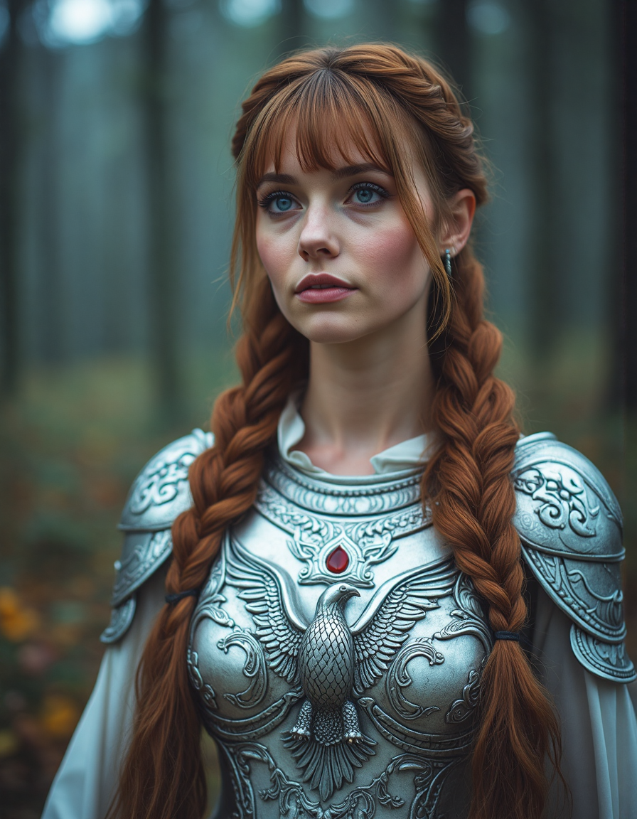 photography, detailed, fantasy background, showing a forest, Forground: A woman, 40 years old, (wrinkles:0.75), wearing filigree mage armor outfit depicting a silver eagle, european, long hair with front bangs, side bangs, and a long braided ponytail
