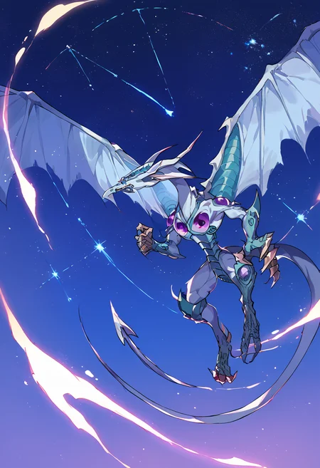 score_9,score_8_up,score_7_up,source_anime,zPDXL3,space,night,night sky,star (sky),sky,starry sky,galaxy,constellation,flying,
*//*,<lora:StardustDragon_Pony:1>,stardustdragon_ygo,no humans,solo,duel monster,dragon,wings,tail,claws,horns,
*//*,looking at viewer,cowboy shot,dutch angle,