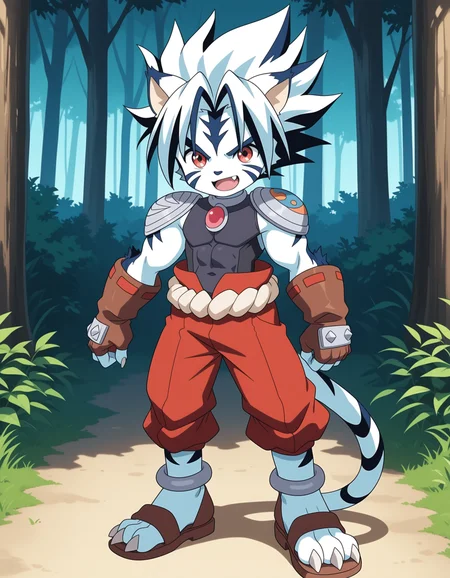 masterpiece,best quality,amazing quality,anime screencap,official style
BREAK
kogenta,solo,1boy,tiger boy,smile,male focus,furry male,,open mouth,red eyes, animal ears, tail, fang, two-tone hair, facial mark, white hair,blue hair, Sharp fingernails,, claws
BREAK
fingerless gloves,, armor, shoulder armor,red pants, covered abs,anklet, 3 toes,sandals,forest
BREAK
<lora:kogenta_ill_hassaku_896_1152_v1_:1>