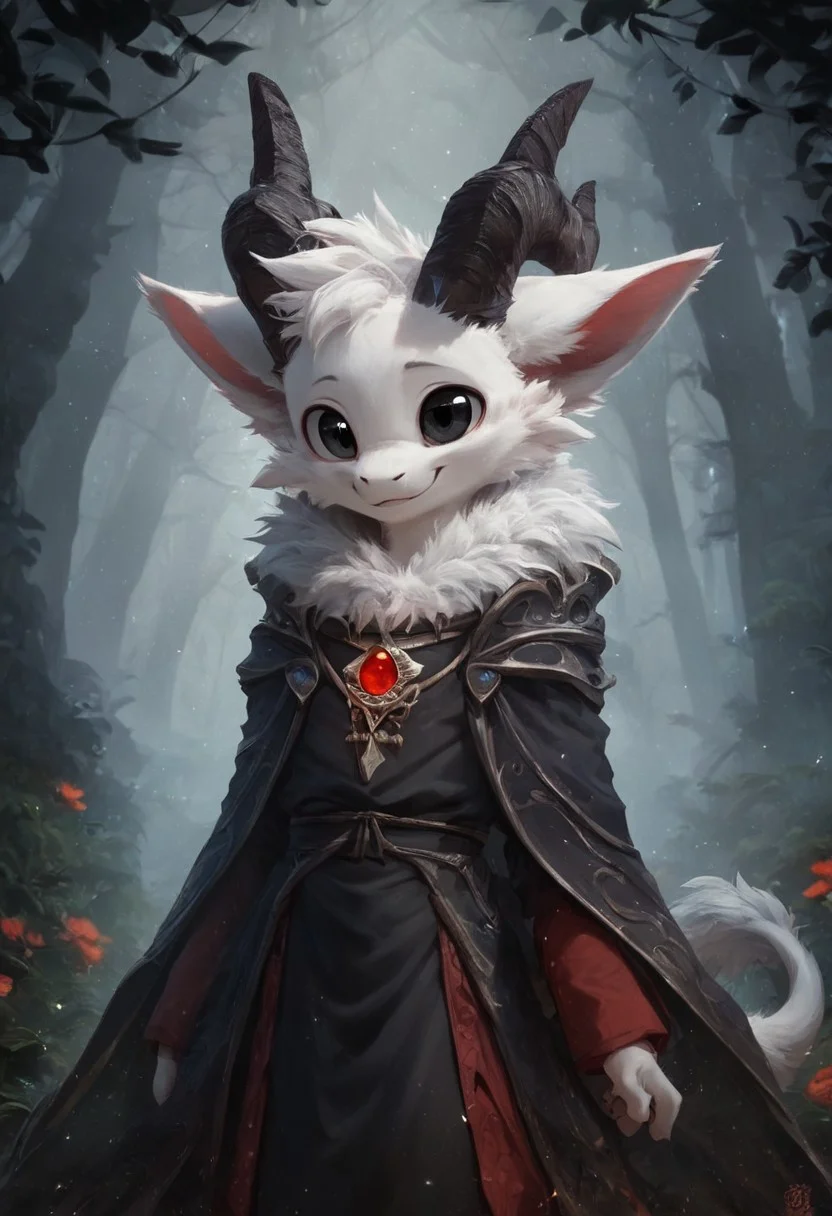 (male solo), (fine face, highly detailed face), Detailed Eyes, prick ears, 1boy, solo, young, cute, furred dragon boy, furry, black eyes, white body, detailed eyes, mage clothing, slim body, smile, huge red amulet necklaces, Black long Robe, black tunic, mage outfit, 2 black horns, forest background,
4k, 8k, hd, standing,
(depth of field, bokeh: 0.8),
dark hour, blue countershading, score_9, score_8_up, score_7_up, score_6_up, score_5_up, score_4_up, ponypositive,