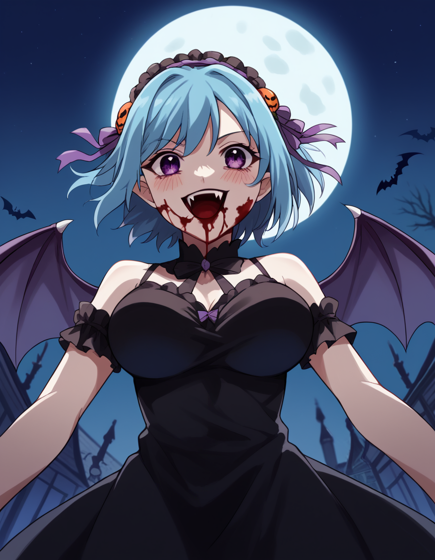 score_9, score_8_up, score_7_up, source_anime, <lora:kurumu-kurono-s2-ponyxl-lora-nochekaiser:1>, kurumu kurono, short hair, blue hair, purple eyes, ponytail, ribbon, hair ribbon, hair ornament, large breasts,, <lora:vampire-ponyxl-lora-nochekaiser:1>, vampire, red eyes, pointy ears, fangs, black dress, wings, blood, blood on face, blood on mouth, bat (animal), halloween, halloween costume, upper teeth only, night, moon, blush, smile, open mouth, , dutch angle, cowboy shot