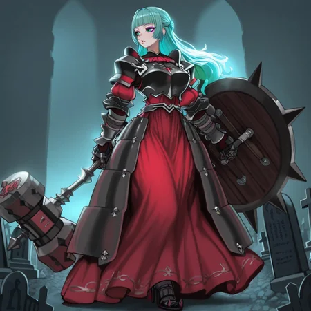 source_vanillaware,
1girl, solo,
AlcinaIL, Alcina Unicorn Overlord, milf,
cyan eyes, aqua hair, long hair, chopped bangs, purple eyeshadow, detailed lips, glossy lips
dark armor, armored dress, spiky armor, large breasts, wide hips,
black pauldrons, black breastplate, black gauntlets, red dress, black heels,
steel hammer, holding weapon,
sexy, looking away,
spiked shield, shield on arm,
graveyard background,