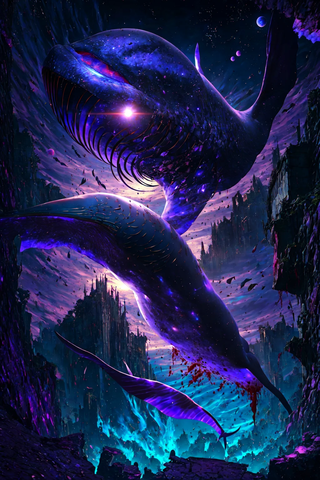 masterpiece, best quality, no_humans,((ruins)), <lora:RAL:0.3>,space,glowing,tanabata, tanzaku,city,milky_way,whale,buildings,underwater,blood,earth \(planet\), <lora:Earth:0.8>,purple_theme