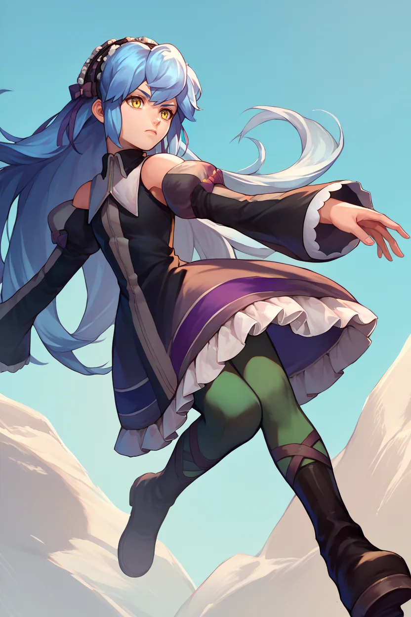 score_9, score_8_up, score_7_up, score_6_up, source_anime, 1girl, solo, <lora:xfkatrina-pdxl-nvwls-v1-000005:1> xfKatrina, blue hair, yellow eyes, long hair, hairband, black dress, detached sleeves, green pantyhose, boots, jumping, dynamic pose, midair, blue sky, serious
