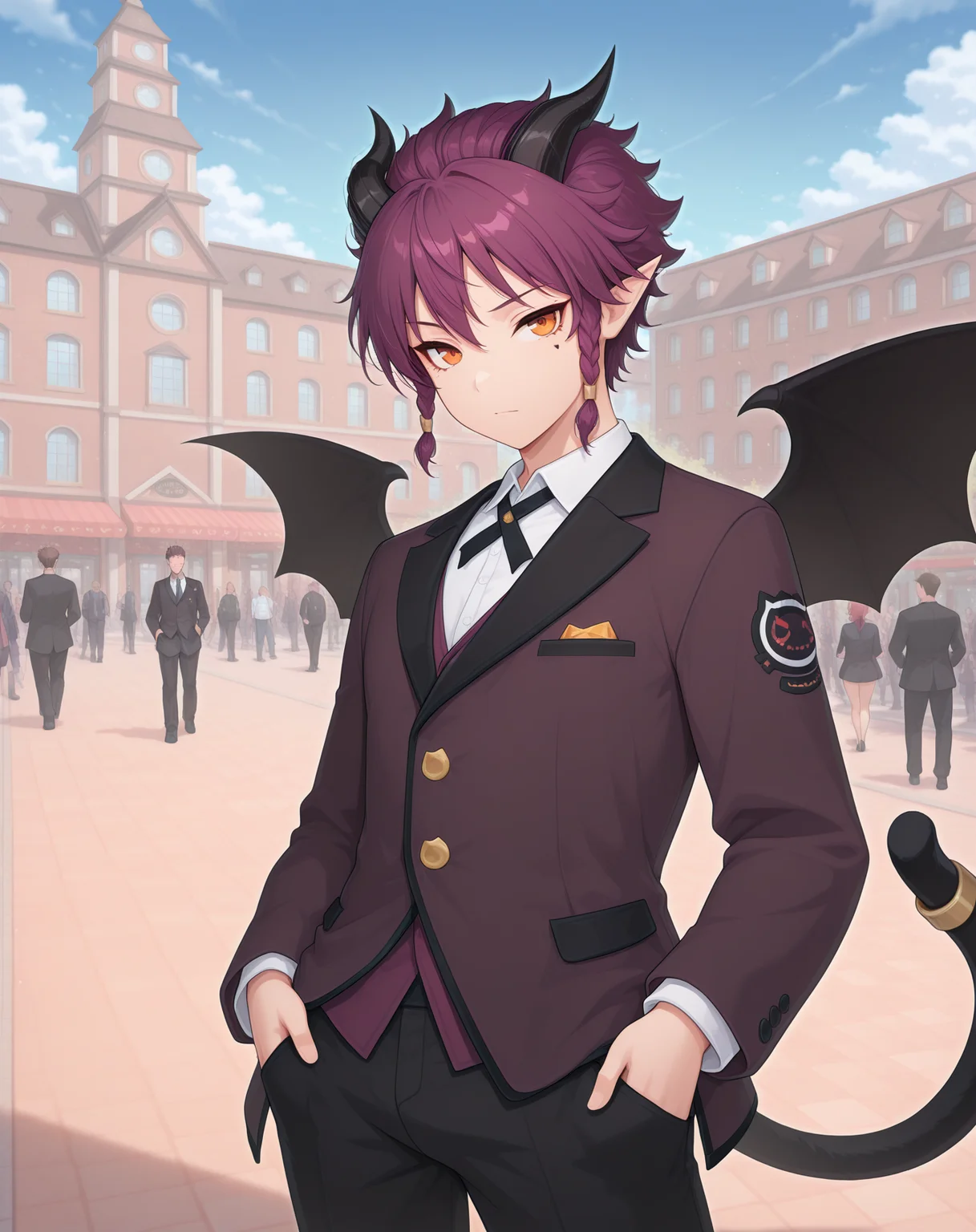 masterpiece,best quality,amazing quality, newest, very aesthetic, absurdres,
1boy, solo, yaoi, male focus, looking at viewer, cowboy shot, standing,
<lora:Veigas_Dream_Cat_ilxl:1> veigasdreamcat, demon tail, purple hair,pointy ears, demon horns, black wings, short hair, orange eyes, demon wings, bat wings, black horns, sidelocks, cat tail,
formal, tuxedo, neck ribbon, white shirt, collared shirt, black pants, shoes, black footwear, suit jacket, black jacket,
outdoors, day, blue sky, building, people,