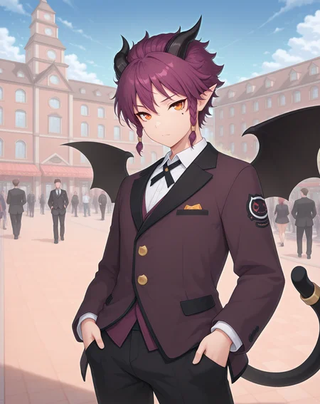 masterpiece,best quality,amazing quality, newest, very aesthetic, absurdres,
1boy, solo, yaoi, male focus, looking at viewer, cowboy shot, standing,
<lora:Veigas_Dream_Cat_ilxl:1> veigasdreamcat, demon tail, purple hair,pointy ears, demon horns, black wings, short hair, orange eyes, demon wings, bat wings, black horns, sidelocks, cat tail,
formal, tuxedo, neck ribbon, white shirt, collared shirt, black pants, shoes, black footwear, suit jacket, black jacket,
outdoors, day, blue sky, building, people,