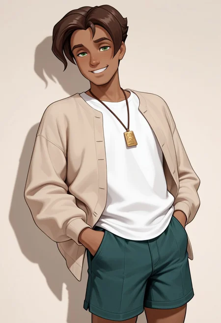 masterpiece, absurdres, high quality, perfect anatomy, 1boy, solo, cute boy, male focus, Presley, Dark Skin, Brown Hair, Green Eyes, Necklace, White Shirt, Tan Jacket, Green Shorts, smug smile, cinematic, intricately detailed illustration, depth of field, masterpiece, best quality, amazing quality, very aesthetic, absurdres, newest, very awa, shadow, dynamic angle, casual cosplay, dynamic pose, simple background,