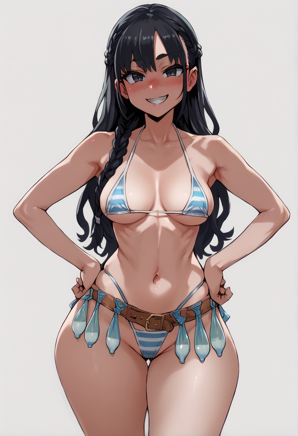 score_9, score_8_up, score_7_up, score_6_up, score_5_up, score_4_up,
1 girl,  view from front,
standing, hands on own hips,
looking at the viewer, smile, blush,
braid, long hair, black hair,
medium breasts, narrow waists, wide hips,
striped bikini, string bikini,
condom belt,
white background, simple background,
<lora:Concept_XL_Pony_Condom_Belt:1>  <lora:[GP] Asanagi style [Pony XL]:1>