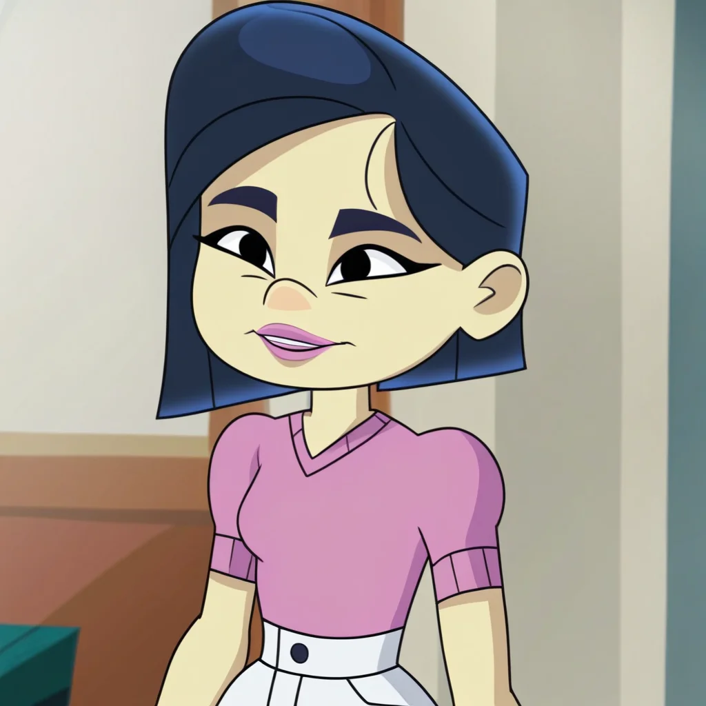 dark blue hair, pink lips, Score_9, white high waisted pants, pink short-sleeved sweater, pale skin, dark blue eyebrows, smile, expressive eyes, Short hair, mayumi_gt, in a room, black eyes, 1girl, brown platform heels, solo, full body, standing
