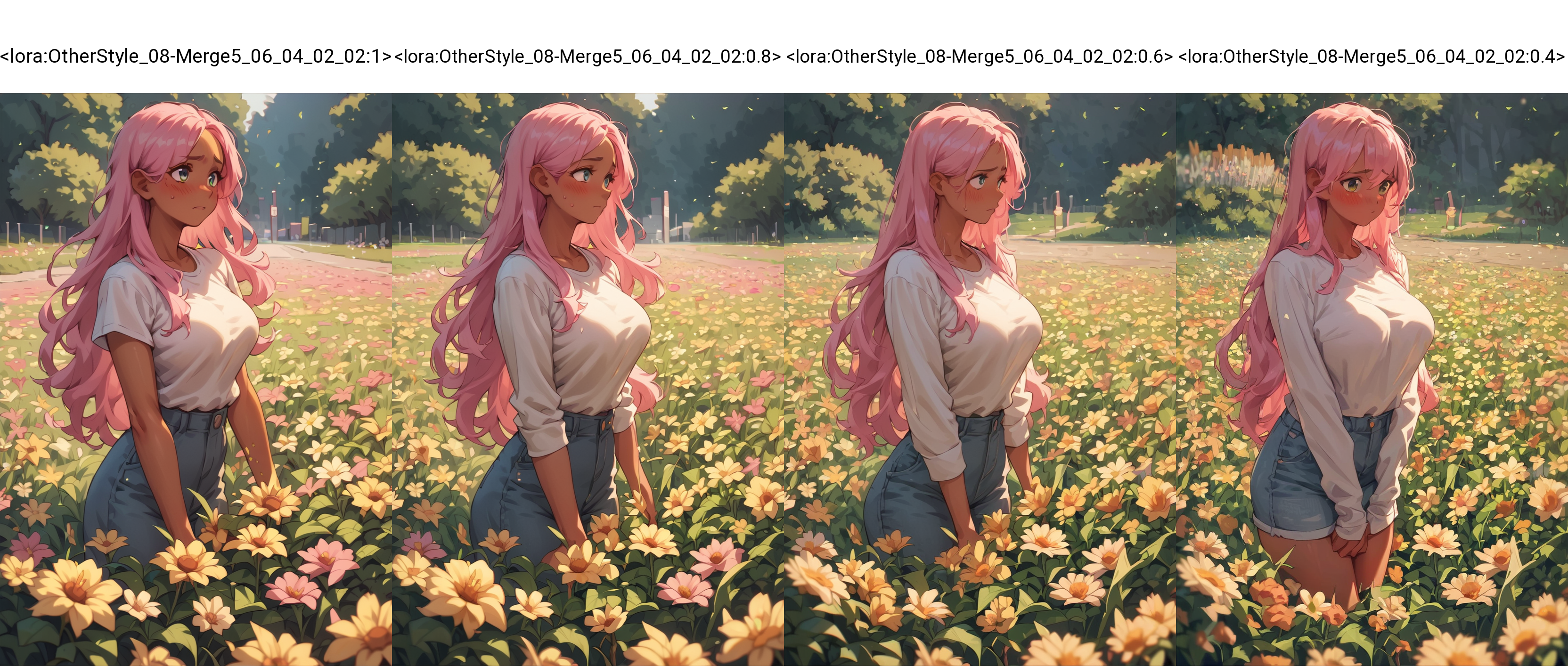 score_9,score_8_up, <lora:OtherStyle_08-Merge5_06_04_02_02:1>, 1girl,large breasts, shy, pink hair, long hair, flower field, outdoors,street, tan