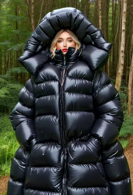 cute  lovely european blond  very curvy women wearing a ((extra_puffy_jacket)),((extra puffy long down coat)) ((not open down coat)) ((extra puffy down hood up)) ((extra puffy high collar)) ((parkasite v1.0)
,bustle dress,
 long_sleeves, hood, dress, holding, jewelry,  frills, choker, striped, long necklace, lips,  feathers, hand_fan, web_address, dress, realistic,headwear
<lora:Puffer_Jacket_and_Down_Jacket_-_Extra_Puffy_Jackets:0.8>
 <lora:VictorianBustleDress:0.6>