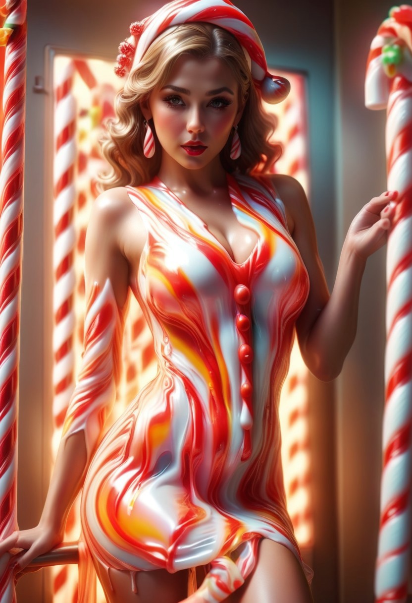 Jed-Cndcne, ral-melting, sexy woman wearing slutty ral-melting Jed-Cndcne dress, translucent candy clothes melting, lewd pose, seduction, explicit, realistic nipples, rim lighting, depth of view, lens flare, high quality