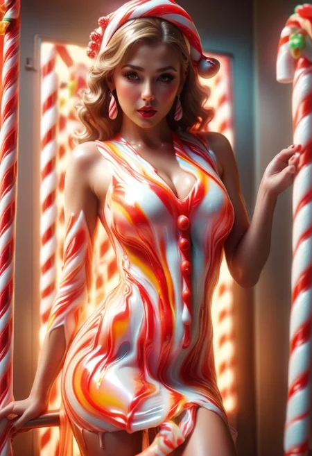 Jed-Cndcne, ral-melting, sexy woman wearing slutty ral-melting Jed-Cndcne dress, translucent candy clothes melting, lewd pose, seduction, explicit, realistic nipples, rim lighting, depth of view, lens flare, high quality