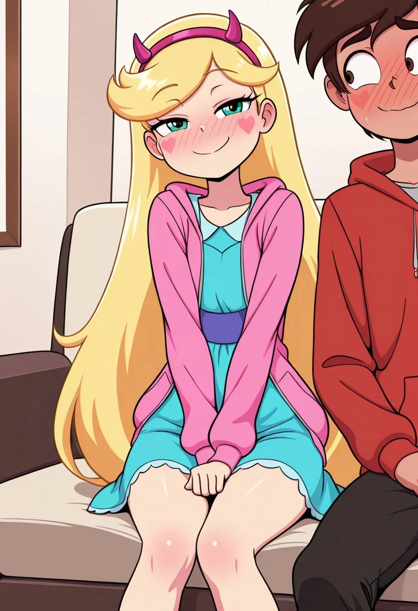 masterpiece, best quality, break. star_co, (1boy, marco_d, hoodie, seductive smile), break, (1girl, star_b, fake horns, dress, very long hair, blondie hair, heart stickers blush, shy smile), sitting together, living room, front view