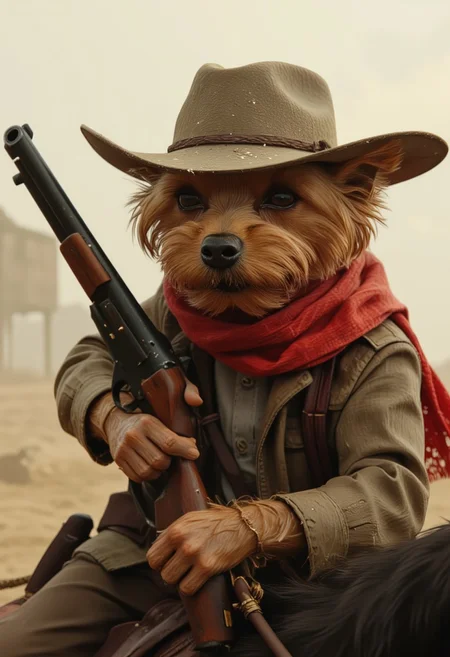 This is a digital artwork in the style of ckgr Anthropomorphic yorkshire terrier allab in a high-speed horse chase, wearing a red scarf, a dust-covered cowboy hat, and gripping a shotgun. Dust kicks up behind it. Highly detailed, realistic textures, western theme, cowboy, gunslinger, action shot.
<lora:ral-anthropomorphic-flux:1>