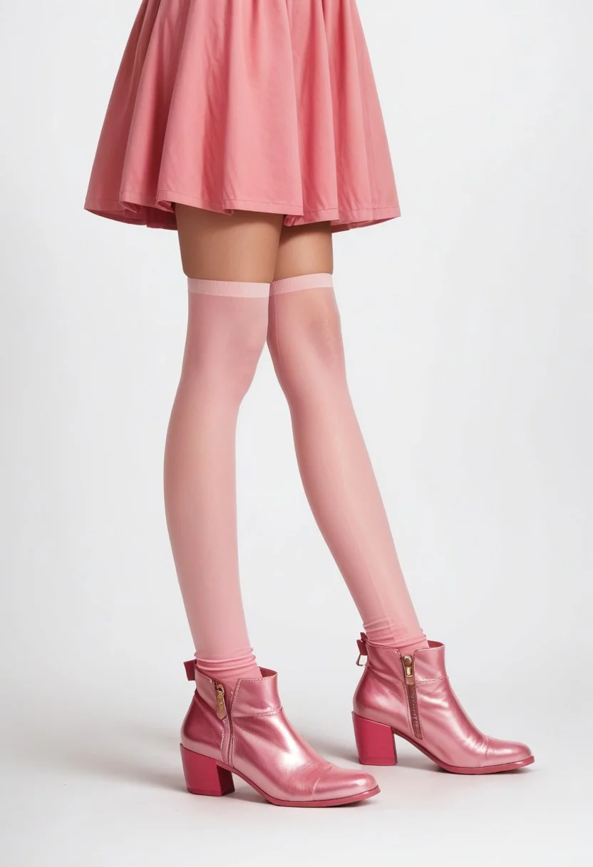 score_9, score_8_up, score_7_up, photorealistic, rating_safe,
lower body, pink ankle booties, pink thighhighs, pink dress, perfect legs, simple background, fashion