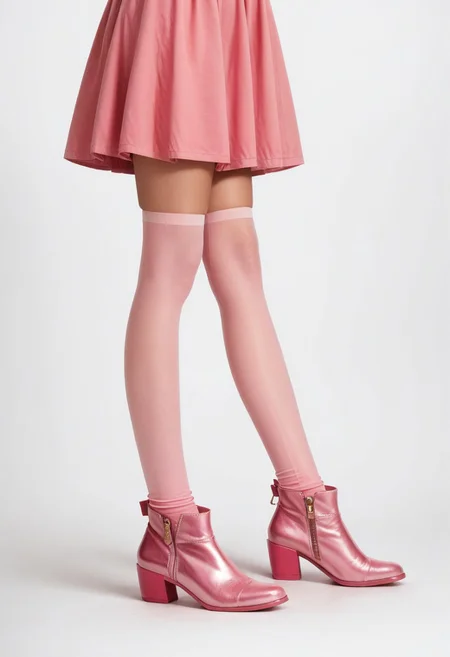 score_9, score_8_up, score_7_up, photorealistic, rating_safe,
lower body, pink ankle booties, pink thighhighs, pink dress, perfect legs, simple background, fashion