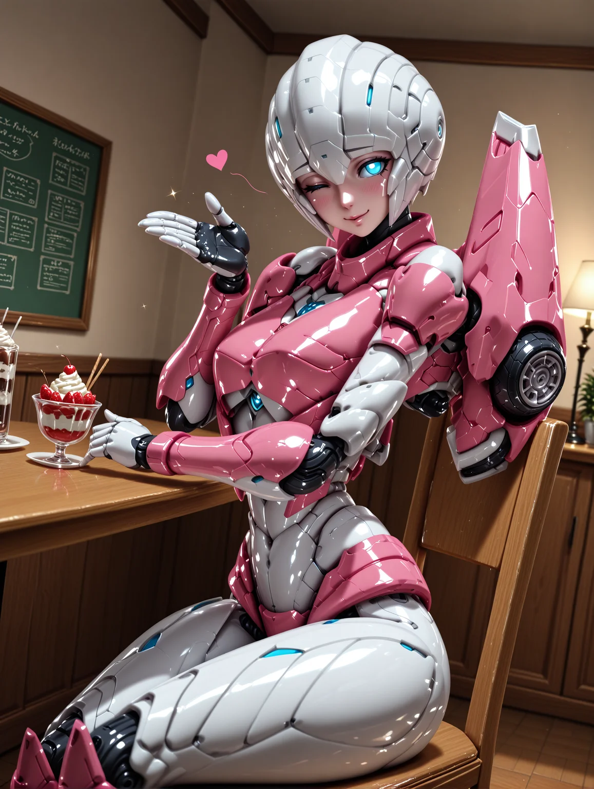 masterpiece, best quality, good quality, very aesthetic, hyper detailed, digital painting, trending on ArtStation, absurdres, newest, 8K, anime screencap, anime coloring, detailed background, offical art, very aesthetics of fine arts, <lora:spo_sdxl_10ep_4k-data_lora_webui:1>, lazypos, <lora:Latex_MBA_style:1>, perfect anatomy, <lora:prompt_extend:1>, <lora:wai-Rectified-s:1>,
<lora:furaiarceeTF-IL:1>, furaiarcee\(transformers\), 1girl, mecha, robot, autobots, blue eyes, glowing eyes, no pupils, breasts, solo, no humans, science fiction, <lora:handPatchUnet:1>, detailed_hands, elegant_fingers, (petite), cute face, looking at viewer, dynamic angle, cowboy shot, indoors, sit on chair, sit on, in cafe, one eye closed, (chu, blowing kiss), serene smile, dating, blush, shy, dessert, lovely, looking at viewer, spoken heart, from side, sparkle