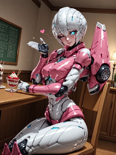 masterpiece, best quality, good quality, very aesthetic, hyper detailed, digital painting, trending on ArtStation, absurdres, newest, 8K, anime screencap, anime coloring, detailed background, offical art, very aesthetics of fine arts, <lora:spo_sdxl_10ep_4k-data_lora_webui:1>, lazypos, <lora:Latex_MBA_style:1>, perfect anatomy, <lora:prompt_extend:1>, <lora:wai-Rectified-s:1>,
<lora:furaiarceeTF-IL:1>, furaiarcee\(transformers\), 1girl, mecha, robot, autobots, blue eyes, glowing eyes, no pupils, breasts, solo, no humans, science fiction, <lora:handPatchUnet:1>, detailed_hands, elegant_fingers, (petite), cute face, looking at viewer, dynamic angle, cowboy shot, indoors, sit on chair, sit on, in cafe, one eye closed, (chu, blowing kiss), serene smile, dating, blush, shy, dessert, lovely, looking at viewer, spoken heart, from side, sparkle